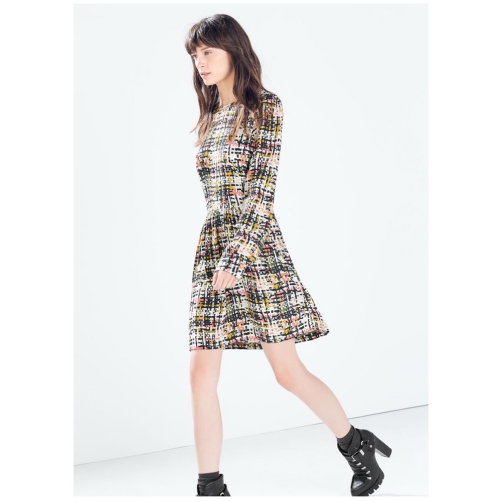 Zara Multicolor Abstract Print Long Sleeve Skater Mini Dress Size Small